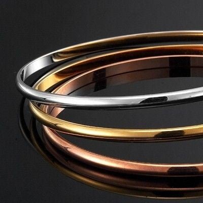 18ct Heavy 925 Sterling Silver, Rose & Yellow Gold Plated 3 Tone Plain 3mm Triple Bangle Set - USA Made - Brands N More