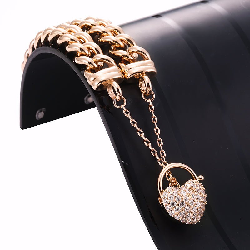 18ct Heavy Rose Gold Plated 12mm Euro Curb Chain Bracelet Featuring a Simulated Diamond Locket - USA Made - Brands N More