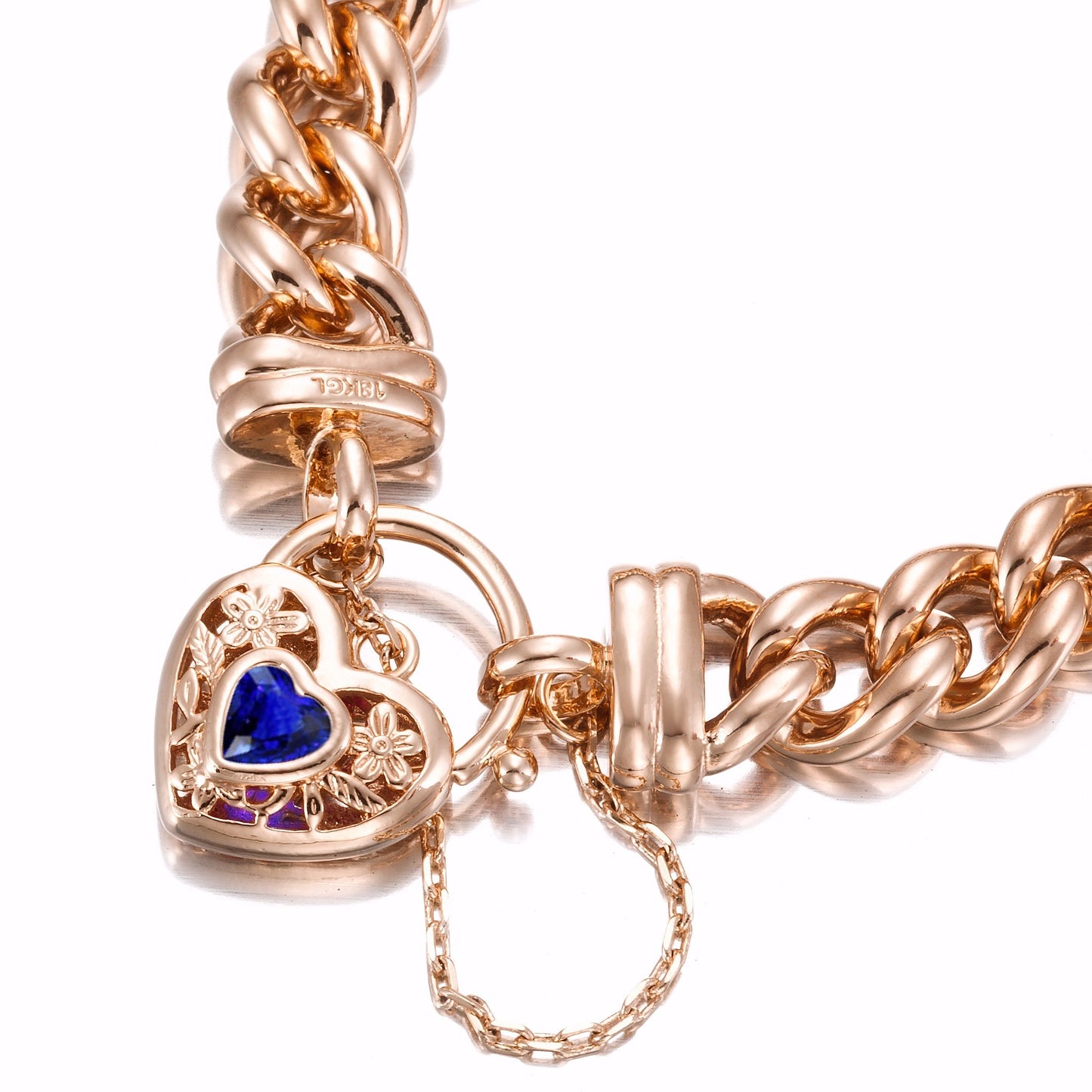 18ct Heavy Rose Gold Plated 12mm Euro Curb Chain Bracelet with a Dark Blue Filigree Locket - USA Made - Brands N More