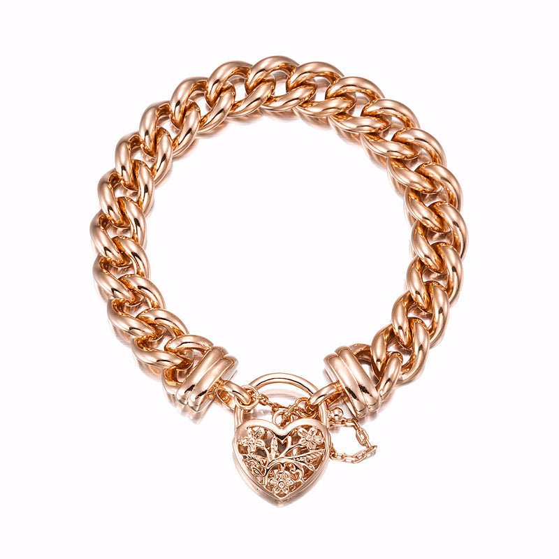 18ct Heavy Rose Gold Plated 12mm Euro Curb Chain Bracelet with a Filigree Locket - USA Made - Brands N More