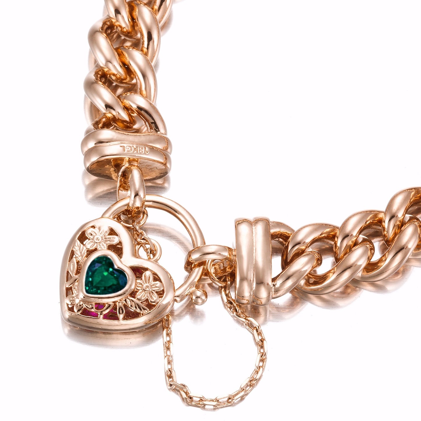 18ct Heavy Rose Gold Plated 12mm Euro Curb Chain Bracelet with a Green Filigree Locket - USA Made - Brands N More