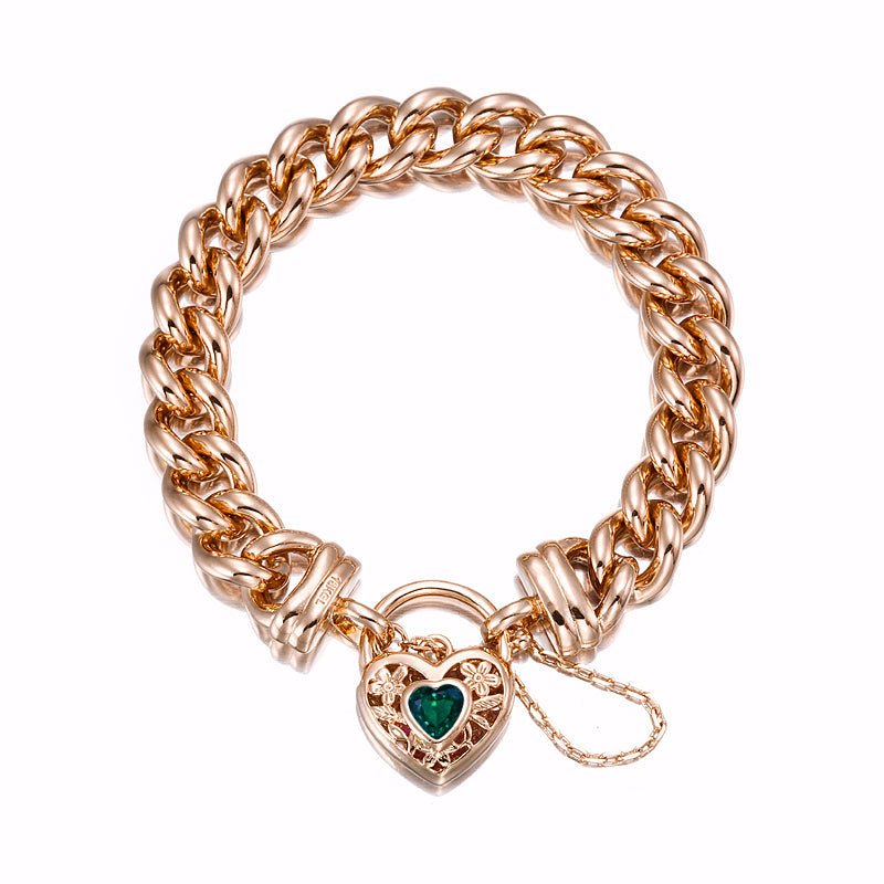 18ct Heavy Rose Gold Plated 12mm Euro Curb Chain Bracelet with a Green Filigree Locket - USA Made - Brands N More