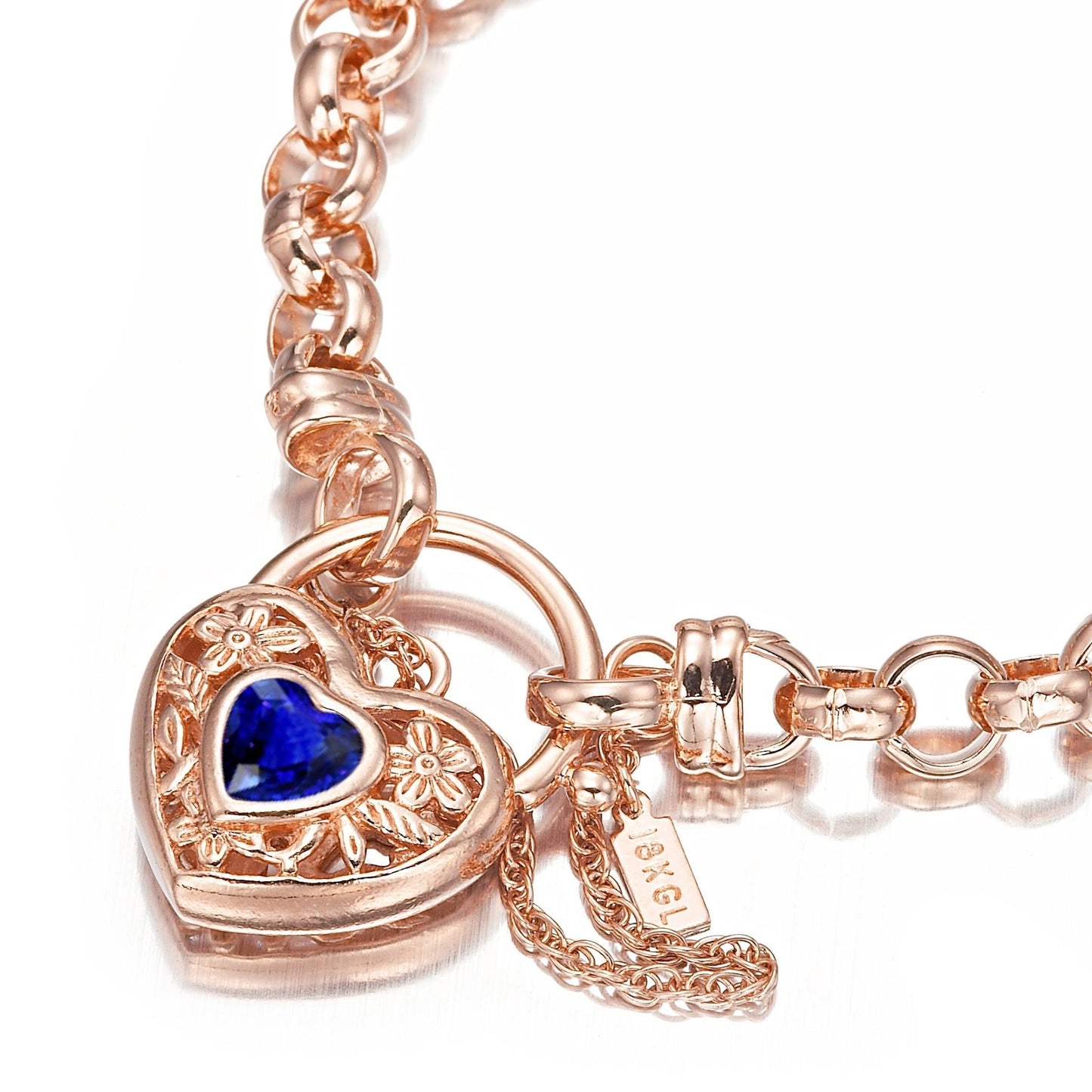 18ct Heavy Rose Gold Plated 6mm Belcher Chain Bracelet with a Dark Blue Filigree Locket - USA Made - Brands N More