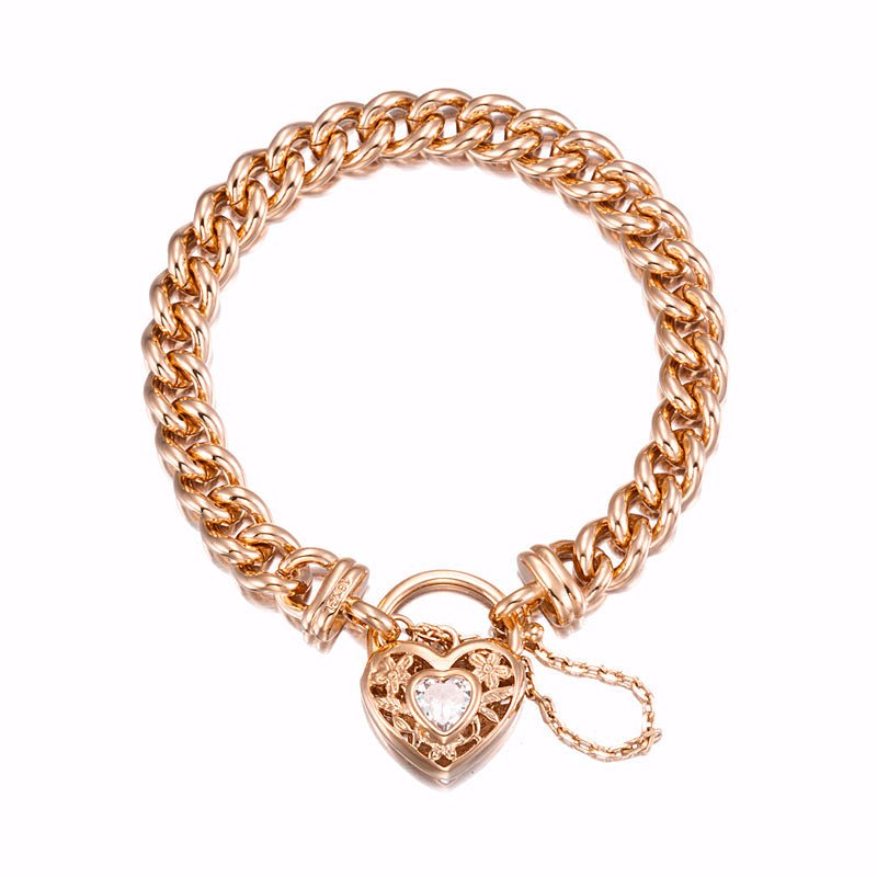 18ct Heavy Rose Gold Plated Euro Chain Bracelet with a Filigree Locket Featuring a Simulated Diamond - USA Made - Brands N More