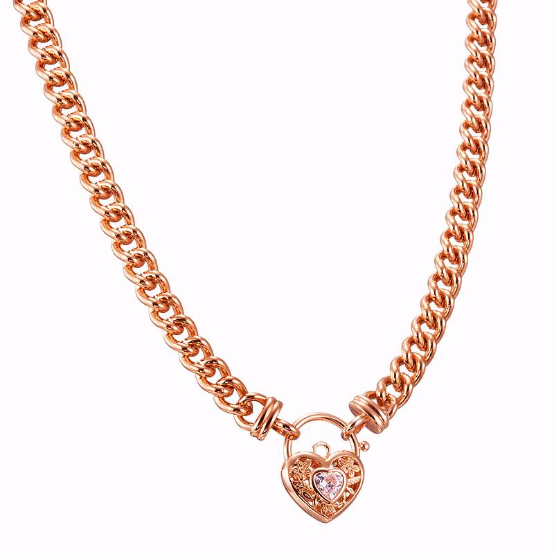 18ct Heavy Rose Gold Plated Euro Chain Necklace with a Filigree Locket Featuring a Simulated Diamond - USA Made - Brands N More