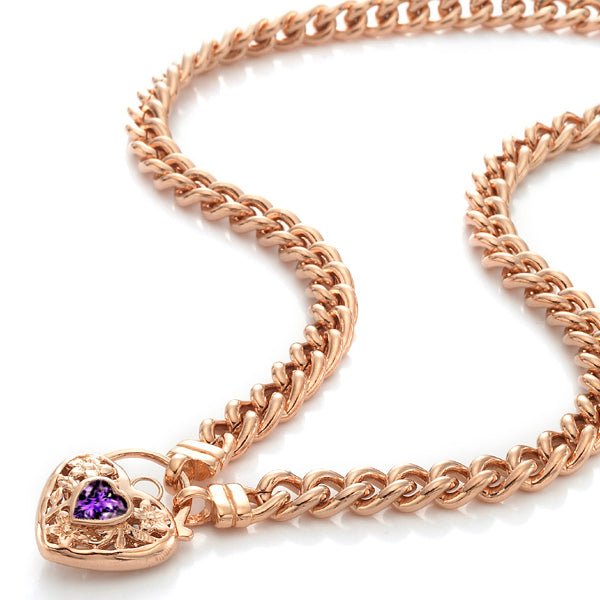18ct Heavy Rose Gold Plated Euro Chain Necklace with a Purple Filigree Locket - USA Made - Brands N More