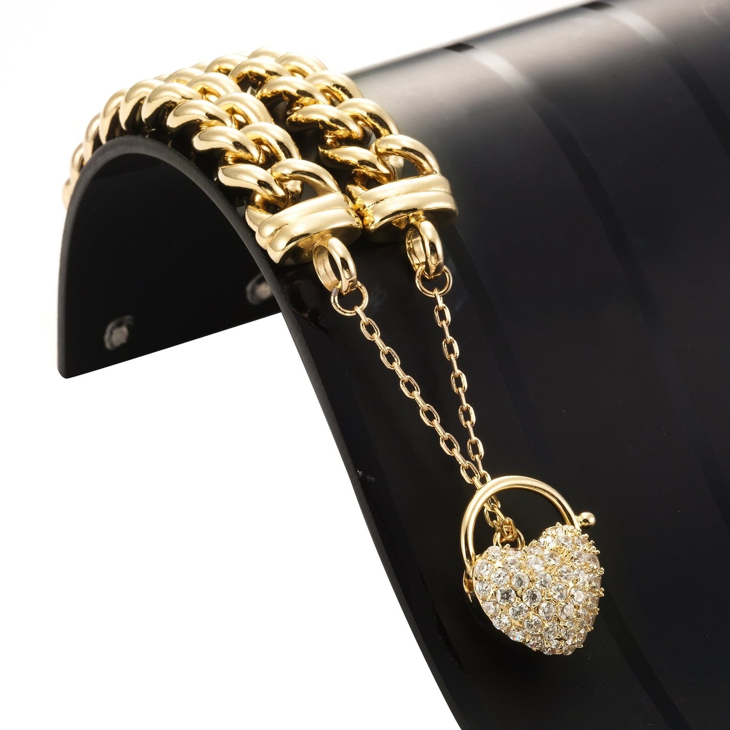 18ct Heavy Yellow Gold Plated 12mm Euro Curb Chain Bracelet Featuring a Simulated Diamond Locket - USA Made - Brands N More