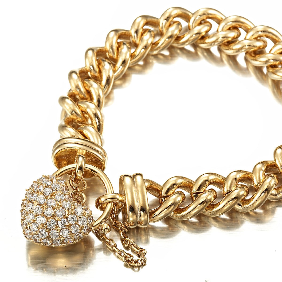 18ct Heavy Yellow Gold Plated 12mm Euro Curb Chain Bracelet Featuring a Simulated Diamond Locket - USA Made - Brands N More