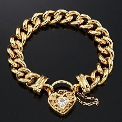 18ct Heavy Yellow Gold Plated 12mm Euro Curb Chain Bracelet with a Filigree Locket Featuring a Simulated Diamond - USA Made - Brands N More