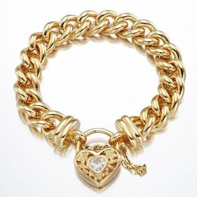 18ct Heavy Yellow Gold Plated 12mm Euro Curb Chain Bracelet with a Filigree Locket Featuring a Simulated Diamond - USA Made - Brands N More