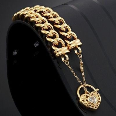 18ct Heavy Yellow Gold Plated 12mm Euro Curb Chain Bracelet with a Filigree Locket Featuring a Simulated Diamond - USA Made - Brands N More