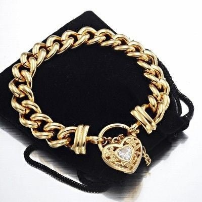18ct Heavy Yellow Gold Plated 12mm Euro Curb Chain Bracelet with a Filigree Locket Featuring a Simulated Diamond - USA Made - Brands N More