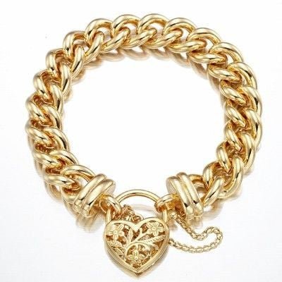 18ct Heavy Yellow Gold Plated 12mm Euro Curb Chain Bracelet with a Filigree Locket - USA Made - Brands N More