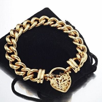 18ct Heavy Yellow Gold Plated 12mm Euro Curb Chain Bracelet with a Filigree Locket - USA Made - Brands N More
