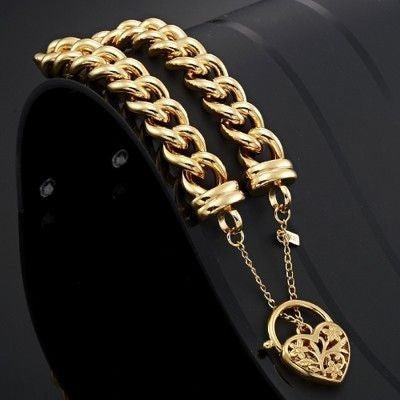 18ct Heavy Yellow Gold Plated 12mm Euro Curb Chain Bracelet with a Filigree Locket - USA Made - Brands N More