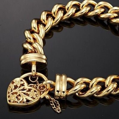 18ct Heavy Yellow Gold Plated 12mm Euro Curb Chain Bracelet with a Filigree Locket - USA Made - Brands N More