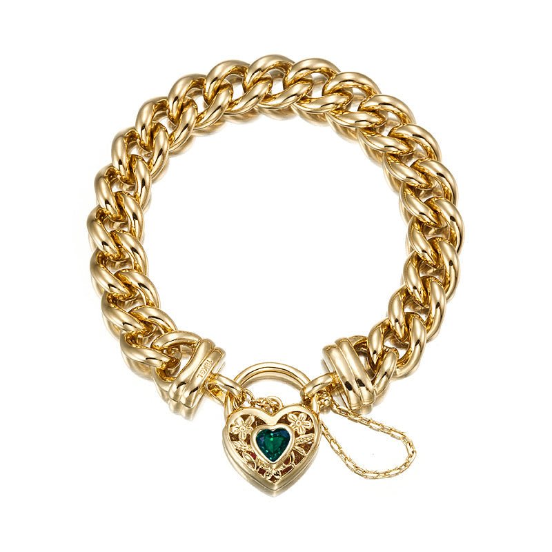18ct Heavy Yellow Gold Plated 12mm Euro Curb Chain Bracelet with a Green Filigree Locket - USA Made - Brands N More