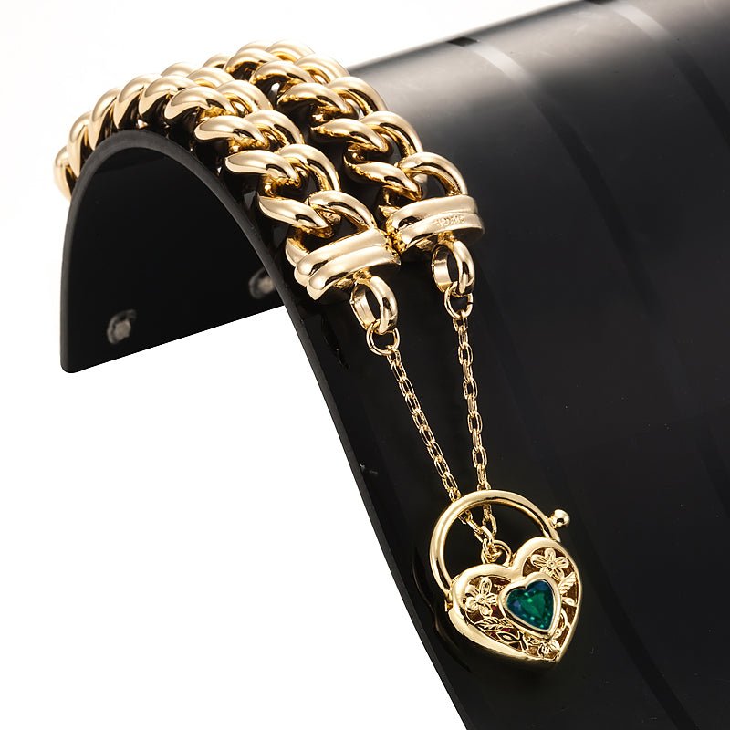 18ct Heavy Yellow Gold Plated 12mm Euro Curb Chain Bracelet with a Green Filigree Locket - USA Made - Brands N More