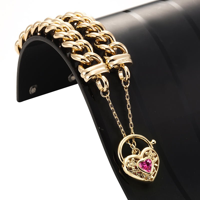 18ct Heavy Yellow Gold Plated 12mm Euro Curb Chain Bracelet with a Pink Filigree Locket - USA Made - Brands N More