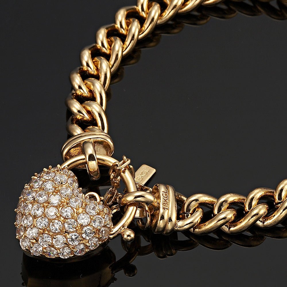 18ct Heavy Yellow Gold Plated Euro Chain Bracelet Featuring a Simulated Diamond Locket - USA Made - Brands N More