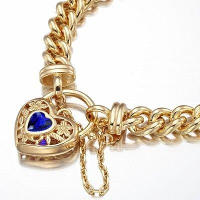 18ct Heavy Yellow Gold Plated Euro Chain Bracelet with a Dark Blue Filigree Locket - USA Made - Brands N More