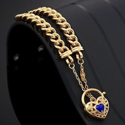 18ct Heavy Yellow Gold Plated Euro Chain Bracelet with a Dark Blue Filigree Locket - USA Made - Brands N More
