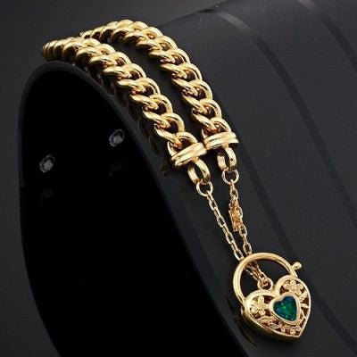 18ct Heavy Yellow Gold Plated Euro Chain Bracelet with a Green Filigree Locket - USA Made - Brands N More
