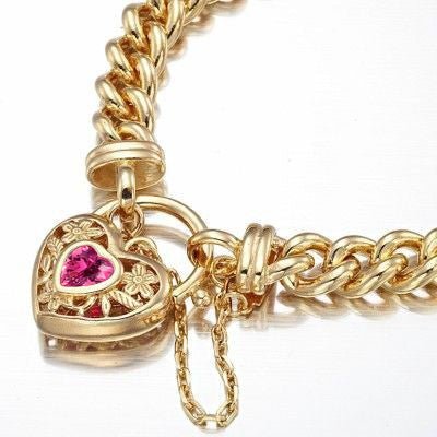 18ct Heavy Yellow Gold Plated Euro Chain Bracelet with a Pink Filigree Locket - USA Made - Brands N More