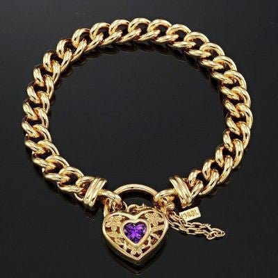 18ct Heavy Yellow Gold Plated Euro Chain Bracelet with a Purple Filigree Locket - USA Made - Brands N More
