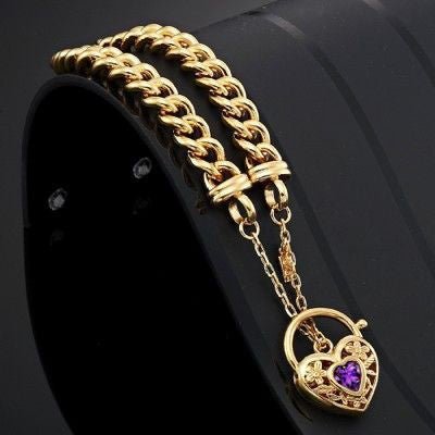 18ct Heavy Yellow Gold Plated Euro Chain Bracelet with a Purple Filigree Locket - USA Made - Brands N More