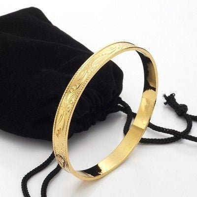 18ct Heavy Yellow Gold Plated Filigree Plain 8mm Bangle - USA Made - Brands N More
