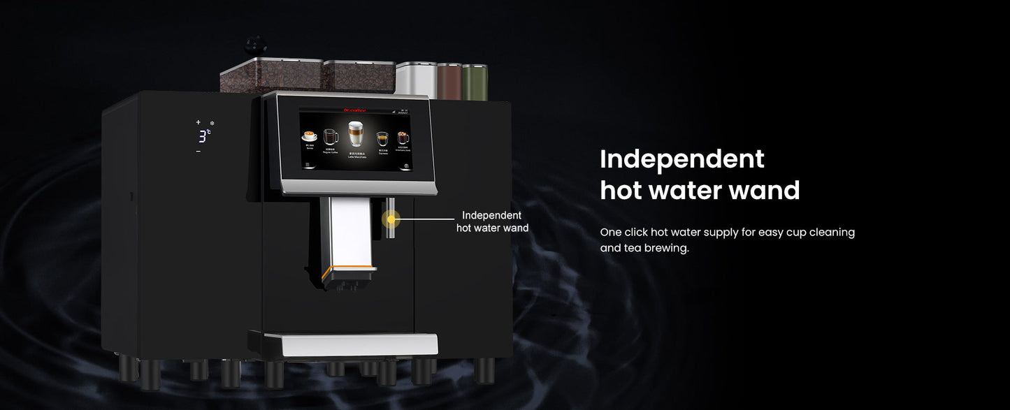 Black coffee machine with hot water wand on a dark background