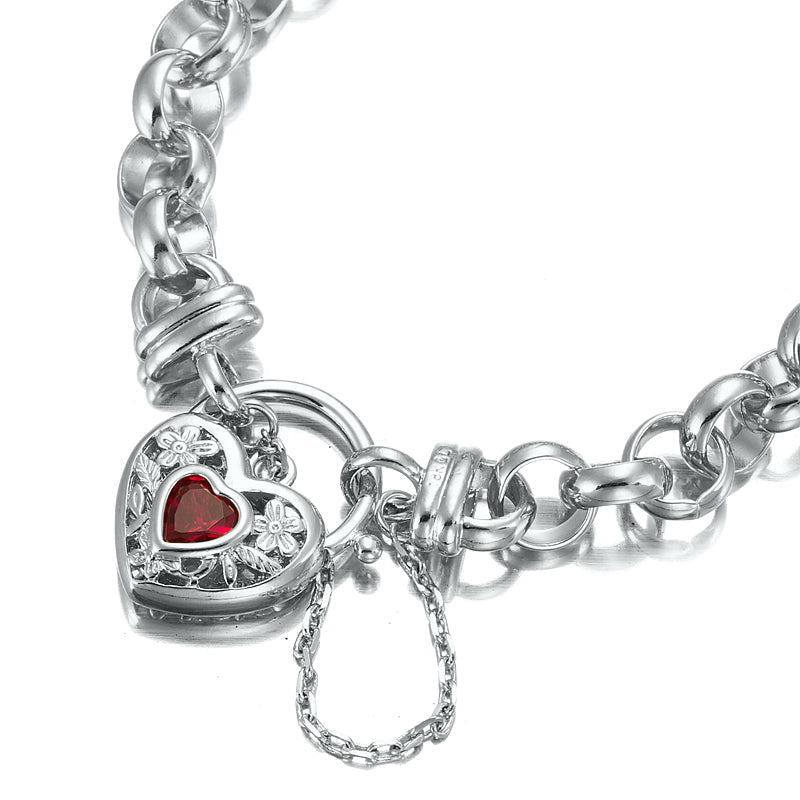 925 Sterling Silver Plated 10mm Belcher Chain Bracelet with a Filigree Locket Featuring a Simulated Ruby - USA Made - Brands N More