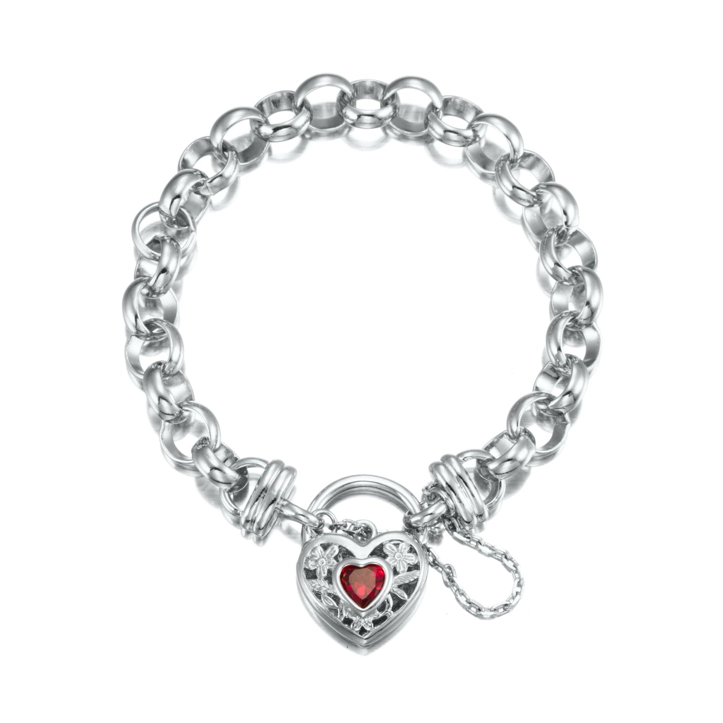 925 Sterling Silver Plated 10mm Belcher Chain Bracelet with a Filigree Locket Featuring a Simulated Ruby - USA Made - Brands N More