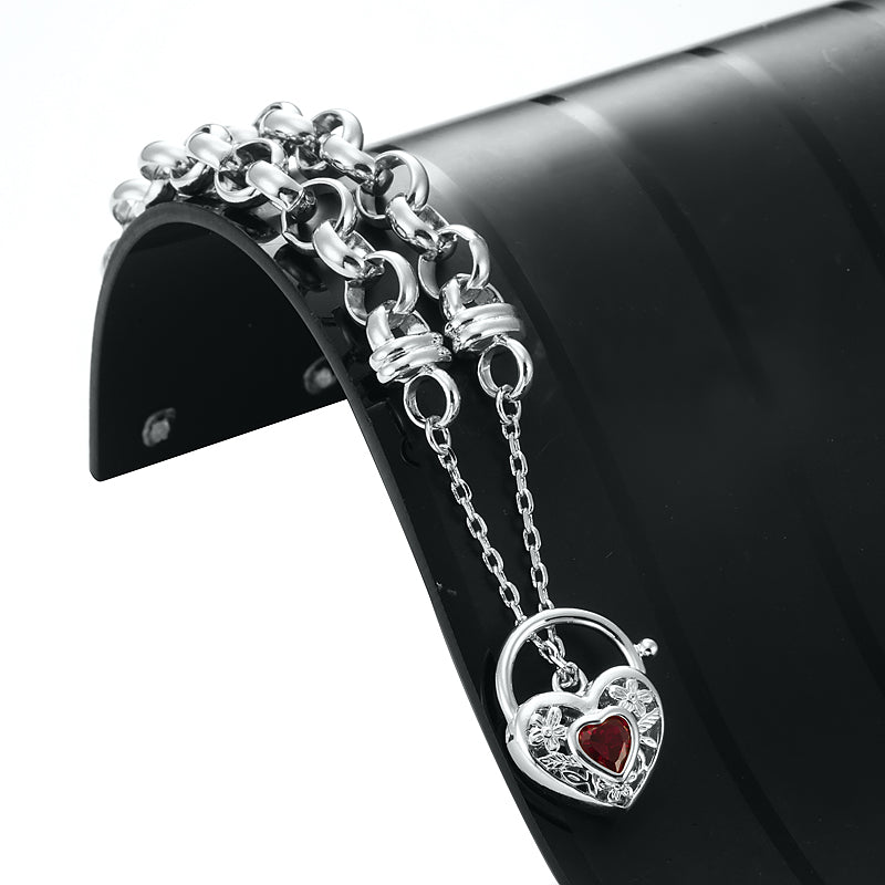 925 Sterling Silver Plated 10mm Belcher Chain Bracelet with a Filigree Locket Featuring a Simulated Ruby - USA Made - Brands N More