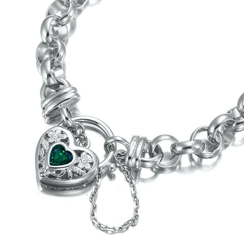 925 Sterling Silver Plated 10mm Belcher Chain Bracelet with a Green Filigree Locket - USA Made - Brands N More