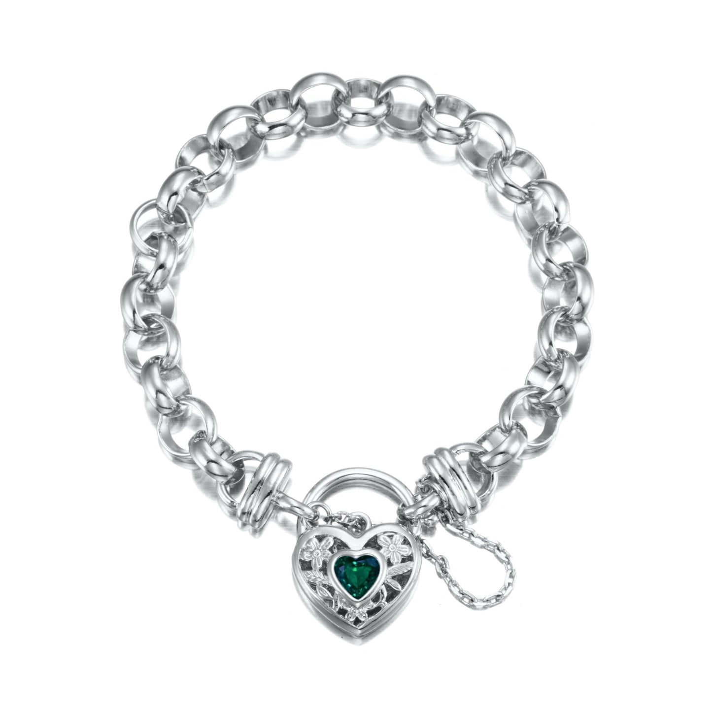 925 Sterling Silver Plated 10mm Belcher Chain Bracelet with a Green Filigree Locket - USA Made - Brands N More