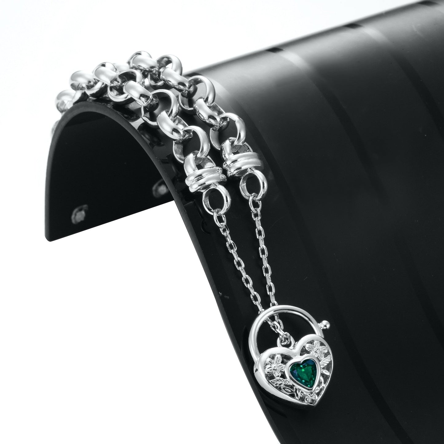 925 Sterling Silver Plated 10mm Belcher Chain Bracelet with a Green Filigree Locket - USA Made - Brands N More