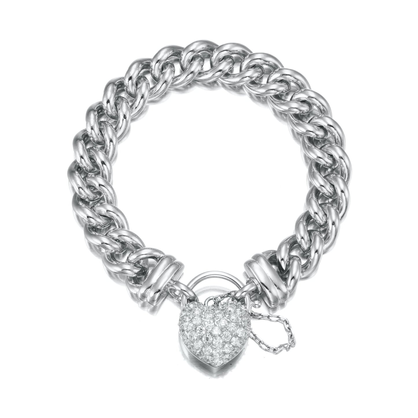 925 Sterling Silver Plated 12mm Euro Curb Chain Bracelet Featuring a Simulated Diamond Locket - USA Made - Brands N More