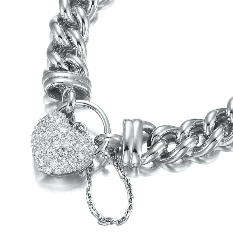 925 Sterling Silver Plated 12mm Euro Curb Chain Bracelet Featuring a Simulated Diamond Locket - USA Made - Brands N More