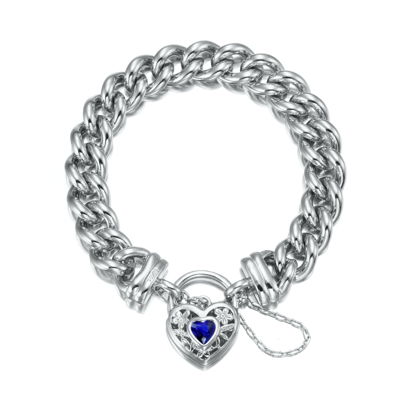925 Sterling Silver Plated 12mm Euro Curb Chain Bracelet with a Dark Blue Filigree Locket - USA Made - Brands N More