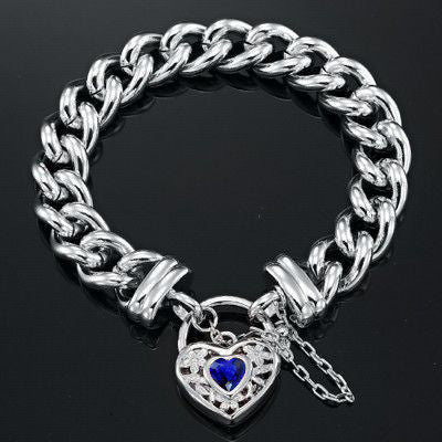 925 Sterling Silver Plated 12mm Euro Curb Chain Bracelet with a Dark Blue Filigree Locket - USA Made - Brands N More
