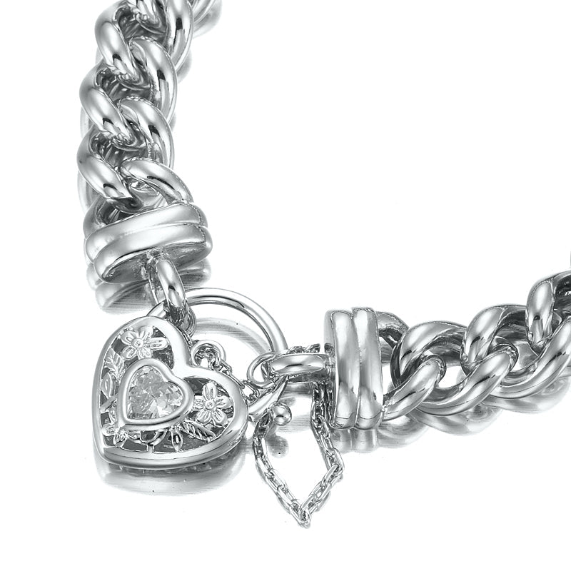 925 Sterling Silver Plated 12mm Euro Curb Chain Bracelet with a Filigree Locket Featuring a Simulated Diamond - USA Made - Brands N More