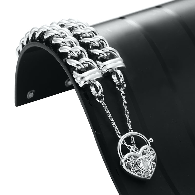 925 Sterling Silver Plated 12mm Euro Curb Chain Bracelet with a Filigree Locket Featuring a Simulated Diamond - USA Made - Brands N More