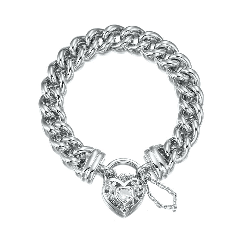 925 Sterling Silver Plated 12mm Euro Curb Chain Bracelet with a Filigree Locket Featuring a Simulated Diamond - USA Made - Brands N More