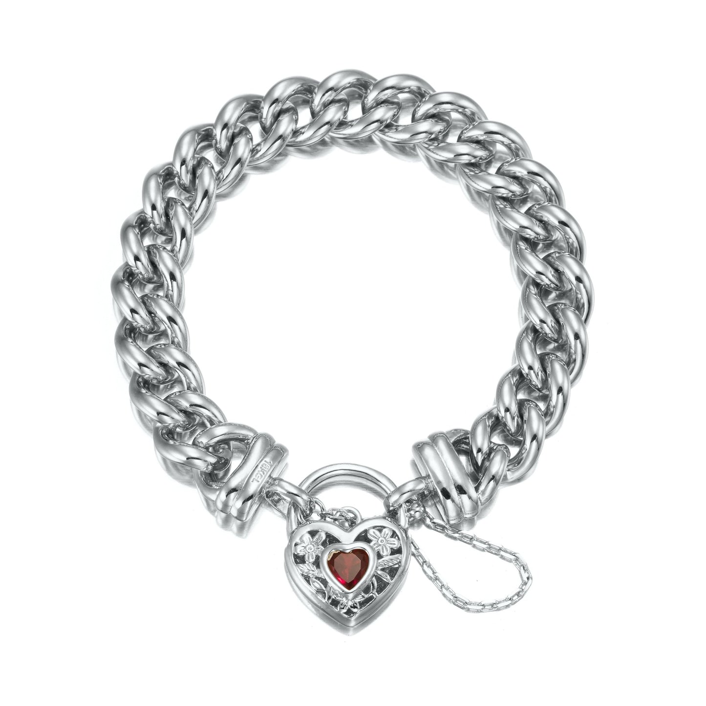 925 Sterling Silver Plated 12mm Euro Curb Chain Bracelet with a Filigree Locket Featuring a Simulated Ruby - USA Made - Brands N More