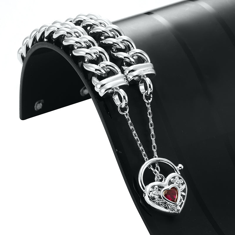 925 Sterling Silver Plated 12mm Euro Curb Chain Bracelet with a Filigree Locket Featuring a Simulated Ruby - USA Made - Brands N More