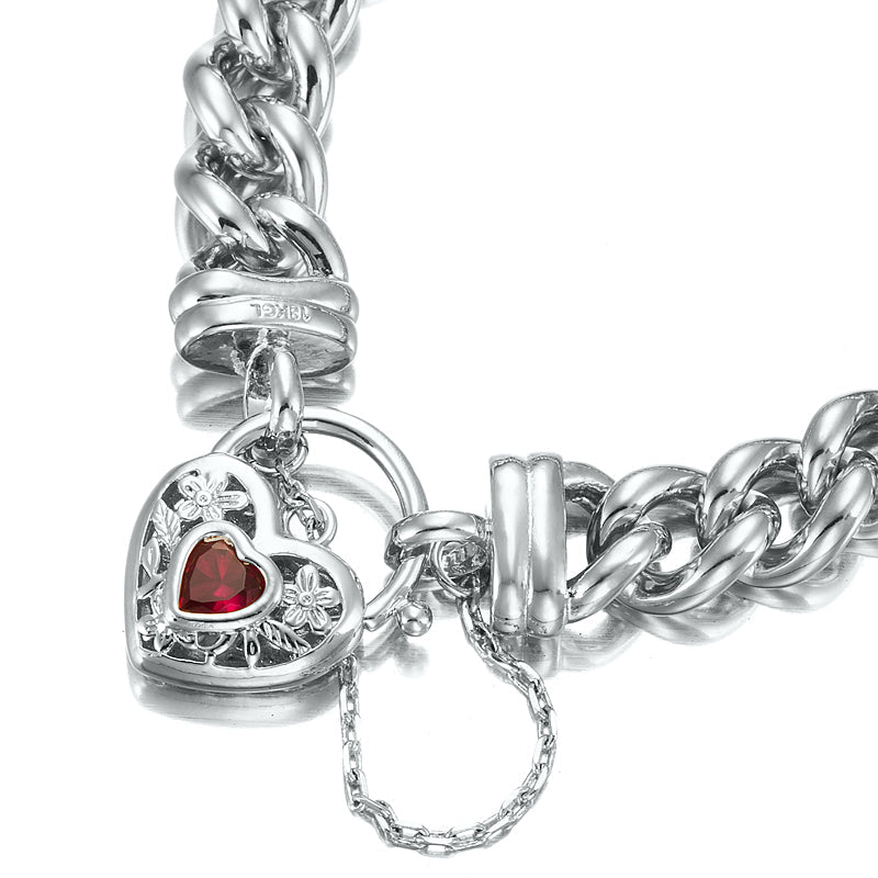 925 Sterling Silver Plated 12mm Euro Curb Chain Bracelet with a Filigree Locket Featuring a Simulated Ruby - USA Made - Brands N More
