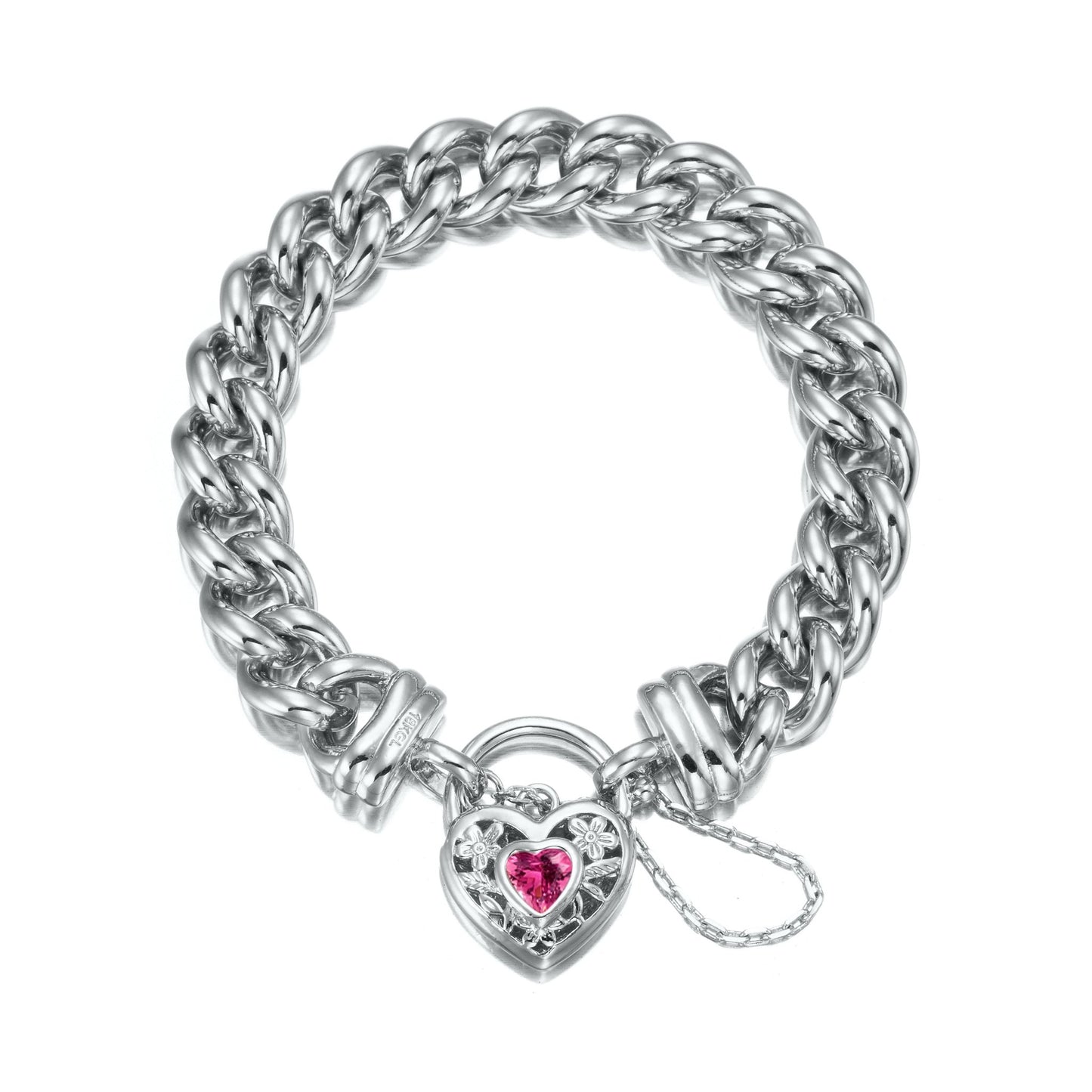 925 Sterling Silver Plated 12mm Euro Curb Chain Bracelet with a Pink Filigree Locket - USA Made - Brands N More