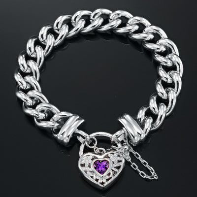 925 Sterling Silver Plated 12mm Euro Curb Chain Bracelet with a Purple Filigree Locket - USA Made - Brands N More